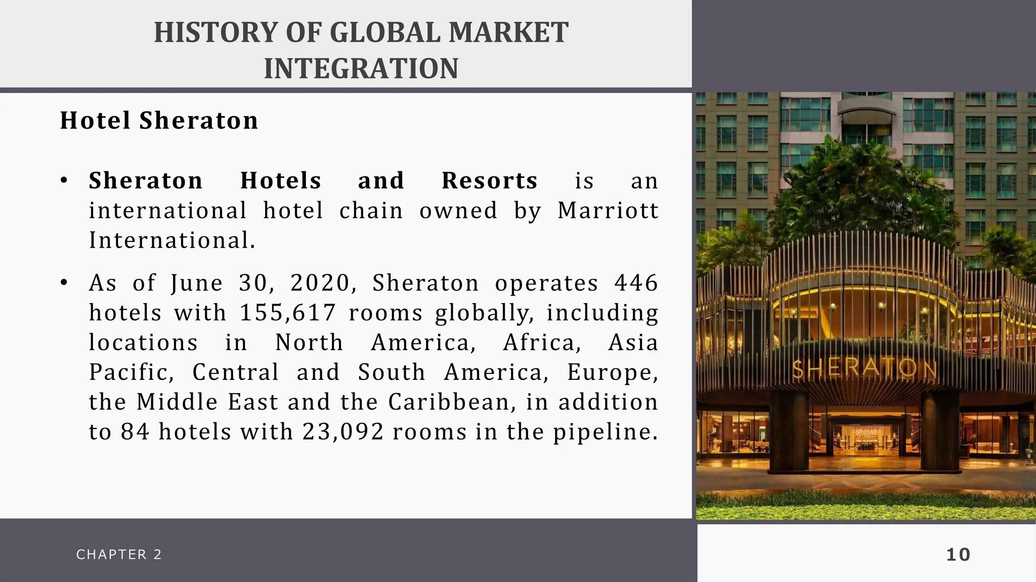 Hotel Sheraton
• Sheraton Hotels and Resorts is an
international hotel chain owned by Marriott
International.
• As of June 30, 2020, Sheraton operates 446
hotels with 155,617 rooms globally, including
locations in North America, Africa, Asia
Pacific, Central and South America, Europe,
the Middle East and the Caribbean, in addition
to 84 hotels with 23,092 rooms in the pipeline.
CHAPTER 2 10
HISTORY OF GLOBAL MARKET
INTEGRATION
 