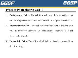 Types of Photoelectric Cell -:
1) Photoemissive Cell -: The cell in which when light is incident on
cathode of a photocell, electrons are emitted is called photoemissive cell.
2) Photoconductive Cell -: The cell in which when light is incident on a
cell, its resistance decreases i.e. conductivity increases is called
photoconductive cell.
3) Photovoltaic Cell -: The cell in which light is directly converted into
electrical energy.
 