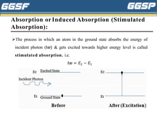 Absorption orInduced Absorption (Stimulated
Absorption):
➢The process in which an atom in the ground state absorbs the energy of
incident photon (h𝝊) & gets excited towards higher energy level is called
stimulated absorption. i.e.
ℎ𝝊 = 𝐸2 − 𝐸1
 