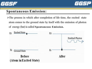 Spontaneous Emission:
➢The process in which after completion of life time, the excited state
atom comes to the ground state by itself with the emission of photon
of energy (h𝝊) is called Spontaneous Emission.
 
