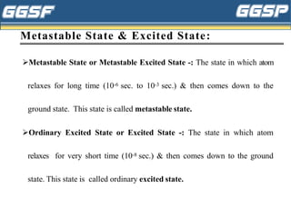 Metastable State & Excited State:
➢Metastable State or Metastable Excited State -: The state in which atom
relaxes for long time (10-6 sec. to 10-3 sec.) & then comes down to the
ground state. This state is called metastable state.
➢Ordinary Excited State or Excited State -: The state in which atom
relaxes for very short time (10-8 sec.) & then comes down to the ground
state. This state is called ordinary excited state.
 