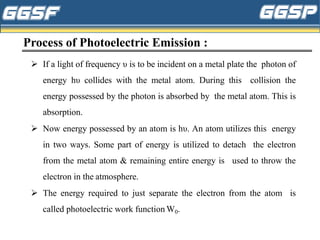 Process of Photoelectric Emission :
➢ If a light of frequency υ is to be incident on a metal plate the photon of
energy hυ collides with the metal atom. During this collision the
energy possessed by the photon is absorbed by the metal atom. This is
absorption.
➢ Now energy possessed by an atom is hυ. An atom utilizes this energy
in two ways. Some part of energy is utilized to detach the electron
from the metal atom & remaining entire energy is used to throw the
electron in the atmosphere.
➢ The energy required to just separate the electron from the atom is
called photoelectric work function W0.
 