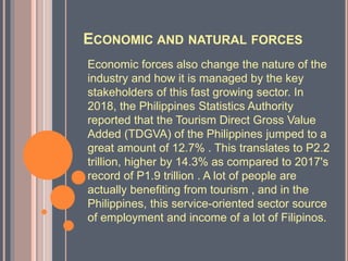 ECONOMIC AND NATURAL FORCES
Economic forces also change the nature of the
industry and how it is managed by the key
stakeholders of this fast growing sector. In
2018, the Philippines Statistics Authority
reported that the Tourism Direct Gross Value
Added (TDGVA) of the Philippines jumped to a
great amount of 12.7% . This translates to P2.2
trillion, higher by 14.3% as compared to 2017's
record of P1.9 trillion . A lot of people are
actually benefiting from tourism , and in the
Philippines, this service-oriented sector source
of employment and income of a lot of Filipinos.
 