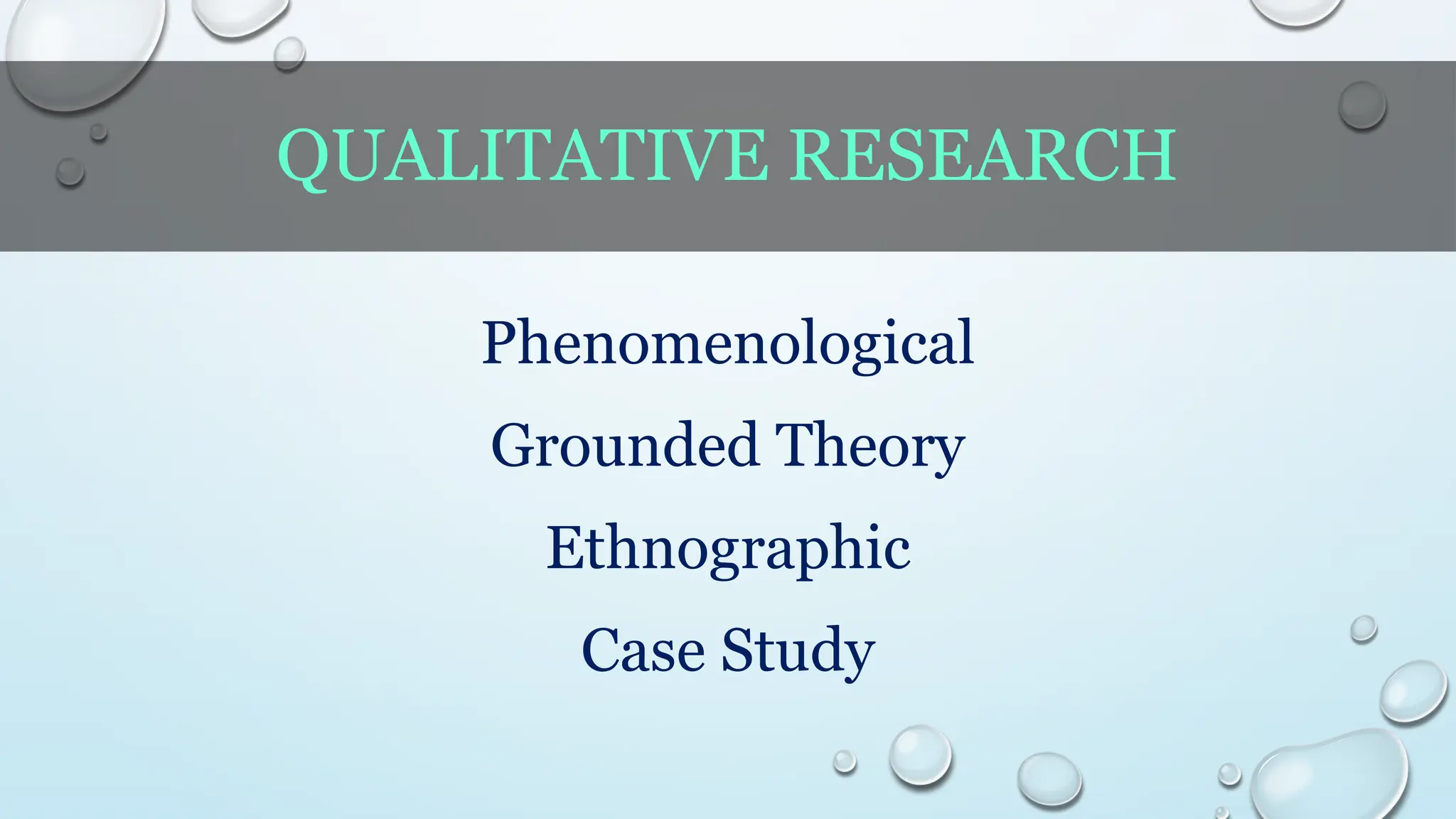QUALITATIVE RESEARCH
Phenomenological
Grounded Theory
Ethnographic
Case Study
 