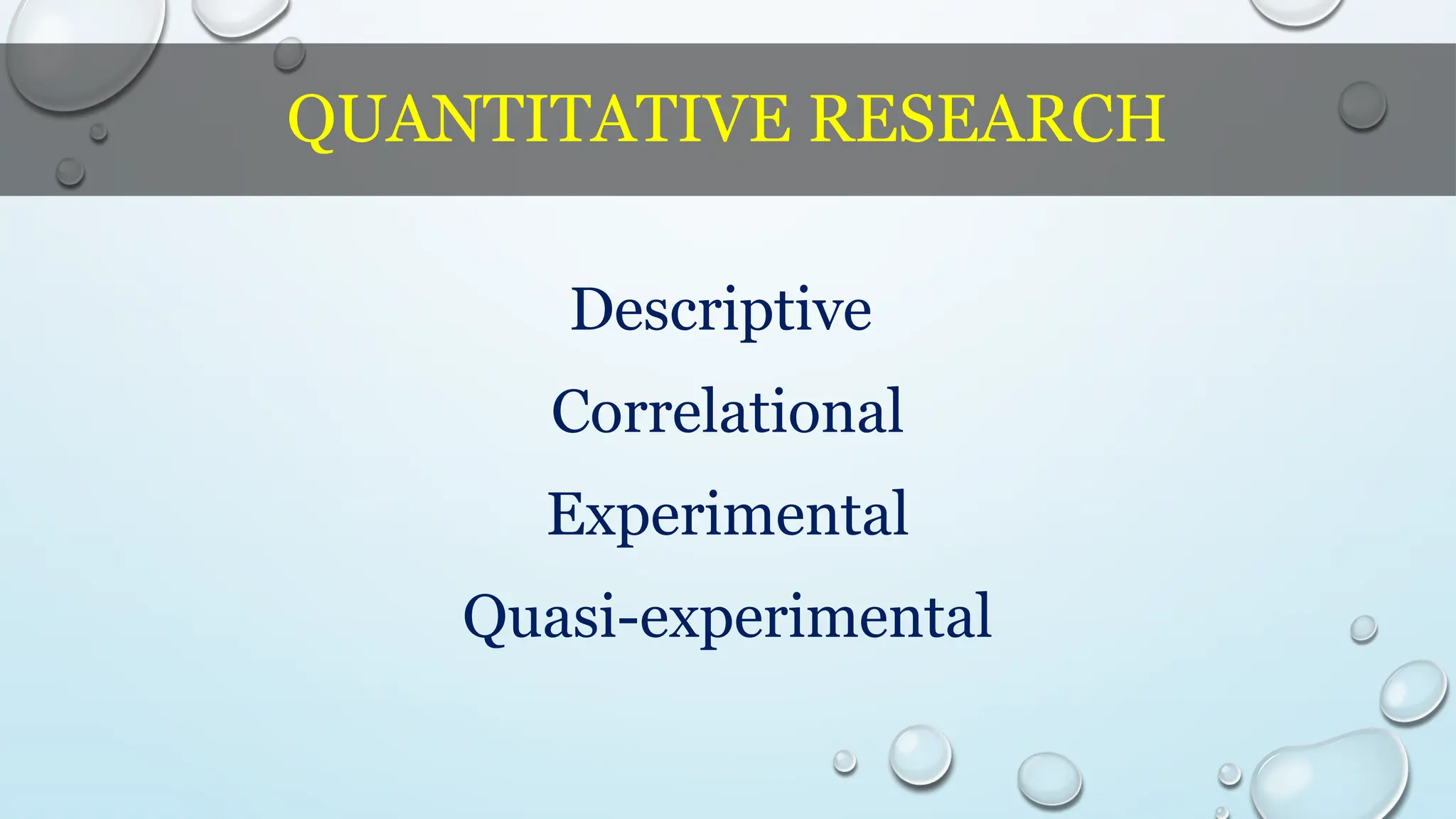 QUANTITATIVE RESEARCH
Descriptive
Correlational
Experimental
Quasi-experimental
 
