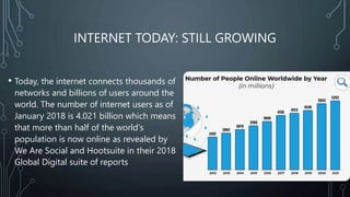 INTERNET TODAY: STILL GROWING
• Today, the internet connects thousands of
networks and billions of users around the
world. The number of internet users as of
January 2018 is 4.021 billion which means
that more than half of the world's
population is now online as revealed by
We Are Social and Hootsuite in their 2018
Global Digital suite of reports
 