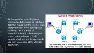• As time goes by, technologies are
improved and developed as well. Most
data that moves over the internet in an
entirely different way is called packet
switching. This is a mode of
transmission in which the message is
broken into smaller parts (called
packets) which are sent independently,
and then reassemble at the ultimate
destination.
 
