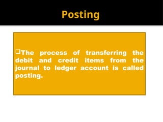 Posting
The process of transferring the
debit and credit items from the
journal to ledger account is called
posting.
 