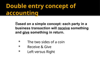 Double entry concept of
accounting
Based on a simple concept: each party in a
business transaction will receive something
and give something in return.
* The two sides of a coin
* Receive & Give
* Left versus Right
 