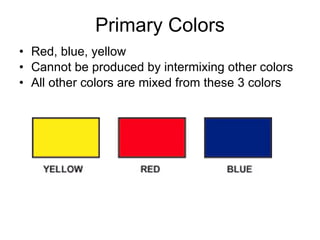 Primary Colors Red, blue, yellow Cannot be produced by intermixing other colors All other colors are mixed from these 3 colors 