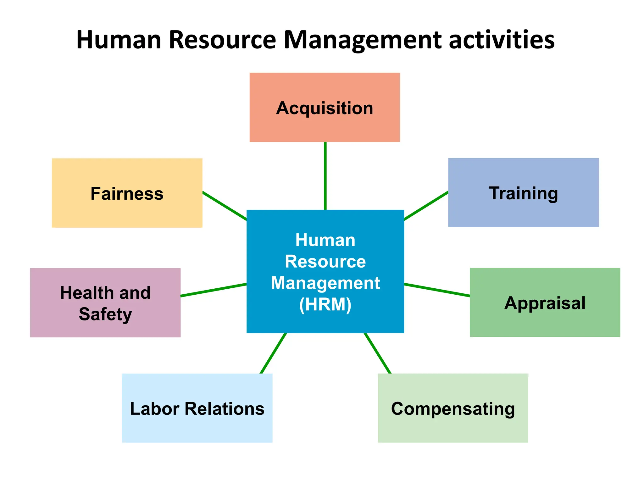 Human Resource Management activities
4
Acquisition
Training
Appraisal
Compensating
Labor Relations
Health and
Safety
Fairness
Human
Resource
Management
(HRM)
 