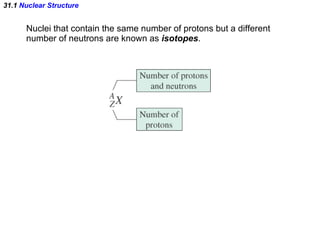 31.1  Nuclear Structure Nuclei that contain the same number of protons but a different number of neutrons are known as  isotopes . 