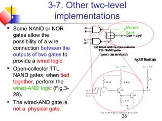 26
3-7. Other two-level
implementations
 Some NAND or NOR
gates allow the
possibility of a wire
connection between the
outputs of two gates to
provide a wired logic.
 Open-collector TTL
NAND gates, when tied
together, perform the
wired-AND logic (Fig.3-
28).
 The wired-AND gate is
not a physical gate.
Wired-
And
 