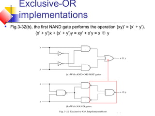 36
Exclusive-OR
implementations
 Fig.3-32(b), the first NAND gate performs the operation (xy)’ = (x’ + y’).
(x’ + y’)x + (x’ + y’)y = xy’ + x’y = x ⊕ y
 