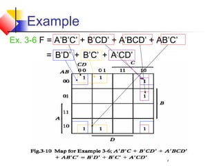 7
Example
Ex. 3-6 F = A’B’C’ + B’CD’ + A’BCD’ + AB’C’
= B’D’ B’C’+ A’CD’+
 