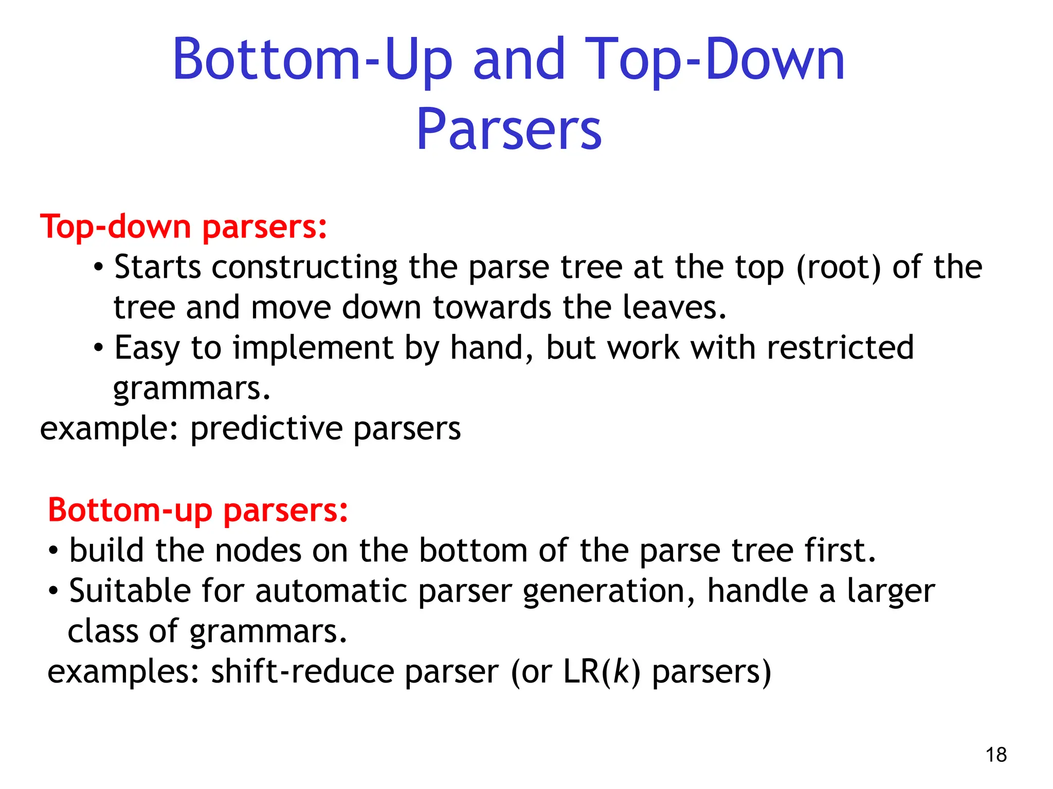18
Bottom-Up and Top-Down
Parsers
Top-down parsers:
• Starts constructing the parse tree at the top (root) of the
tree and move down towards the leaves.
• Easy to implement by hand, but work with restricted
grammars.
example: predictive parsers
Bottom-up parsers:
• build the nodes on the bottom of the parse tree first.
• Suitable for automatic parser generation, handle a larger
class of grammars.
examples: shift-reduce parser (or LR(k) parsers)
 