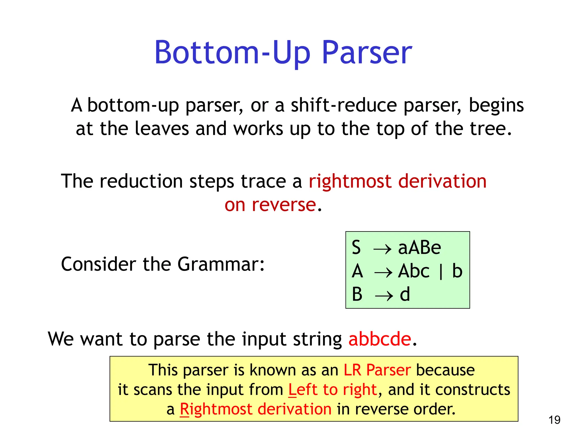 19
Bottom-Up Parser
A bottom-up parser, or a shift-reduce parser, begins
at the leaves and works up to the top of the tree.
The reduction steps trace a rightmost derivation
on reverse.
S  aABe
A  Abc | b
B  d
Consider the Grammar:
We want to parse the input string abbcde.
This parser is known as an LR Parser because
it scans the input from Left to right, and it constructs
a Rightmost derivation in reverse order.
 