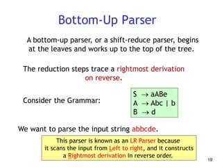 19
Bottom-Up Parser
A bottom-up parser, or a shift-reduce parser, begins
at the leaves and works up to the top of the tree.
The reduction steps trace a rightmost derivation
on reverse.
S  aABe
A  Abc | b
B  d
Consider the Grammar:
We want to parse the input string abbcde.
This parser is known as an LR Parser because
it scans the input from Left to right, and it constructs
a Rightmost derivation in reverse order.
 