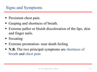 Signs and Symptoms
 Persistent chest pain.
 Gasping and shortness of breath.
 Extreme pallor or bluish discoloration of the lips, skin
and finger nails.
 Sweating
 Extreme prostration- near death feeling
 N.B. The two principal symptoms are shortness of
breath and chest pain
JU, By: Mohammed A. (MSc.) 114
 