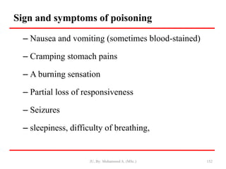 Sign and symptoms of poisoning
– Nausea and vomiting (sometimes blood-stained)
– Cramping stomach pains
– A burning sensation
– Partial loss of responsiveness
– Seizures
– sleepiness, difficulty of breathing,
JU, By: Mohammed A. (MSc.) 152
 