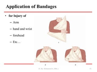 Application of Bandages
• for Injury of
– Arm
– hand and wrist
– forehead
– Etc…
53
JU, By: Mohammed A. (MSc.)
 