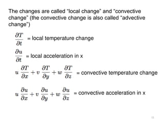 The changes are called “local change” and “convective
change” (the convective change is also called “advective
change”)
= local temperature change
= local acceleration in x
= convective temperature change
= convective acceleration in x
11
 