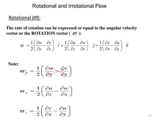 The rate of rotation can be expressed or equal to the angular velocity
vector or the ROTATION vector ( ):
Note:








































y
u
x
v
x
w
z
u
z
v
y
w
z
y
x
2
1
2
1
2
1




k
y
u
x
v
j
x
w
z
u
i
z
v
y
w








































2
1
2
1
2
1

Rotational and Irrotational Flow
Rotational ( ):

12
 