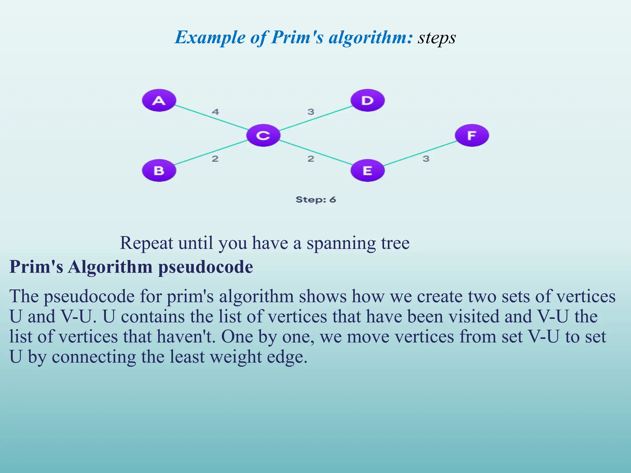 Example of Prim's algorithm: steps Repeat until you have a spanning tree Prim's Algorithm pseudocode The pseudocode for prim's algorithm shows how we create two sets of vertices U and V-U. U contains the list of vertices that have been visited and V-U the list of vertices that haven't. One by one, we move vertices from set V-U to set U by connecting the least weight edge. 