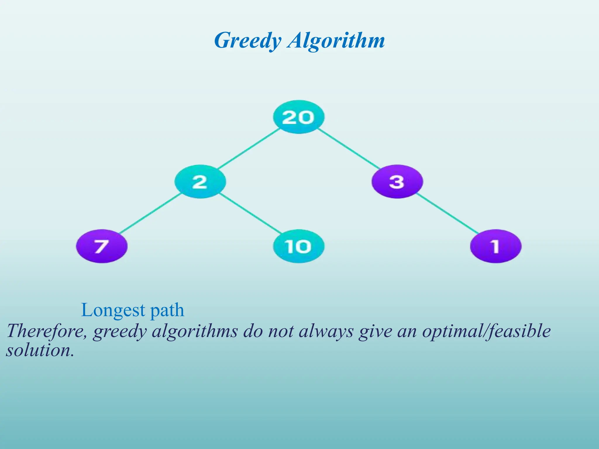 Greedy Algorithm Longest path Therefore, greedy algorithms do not always give an optimal/feasible solution. 
