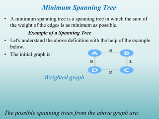 Minimum Spanning Tree
• A minimum spanning tree is a spanning tree in which the sum of
the weight of the edges is as minimum as possible.
Example of a Spanning Tree
• Let's understand the above definition with the help of the example
below.
• The initial graph is:
Weighted graph
The possible spanning trees from the above graph are:
 