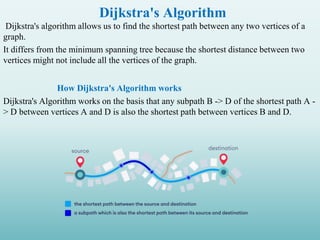 Dijkstra's Algorithm
Dijkstra's algorithm allows us to find the shortest path between any two vertices of a
graph.
It differs from the minimum spanning tree because the shortest distance between two
vertices might not include all the vertices of the graph.
How Dijkstra's Algorithm works
Dijkstra's Algorithm works on the basis that any subpath B -> D of the shortest path A -
> D between vertices A and D is also the shortest path between vertices B and D.
 