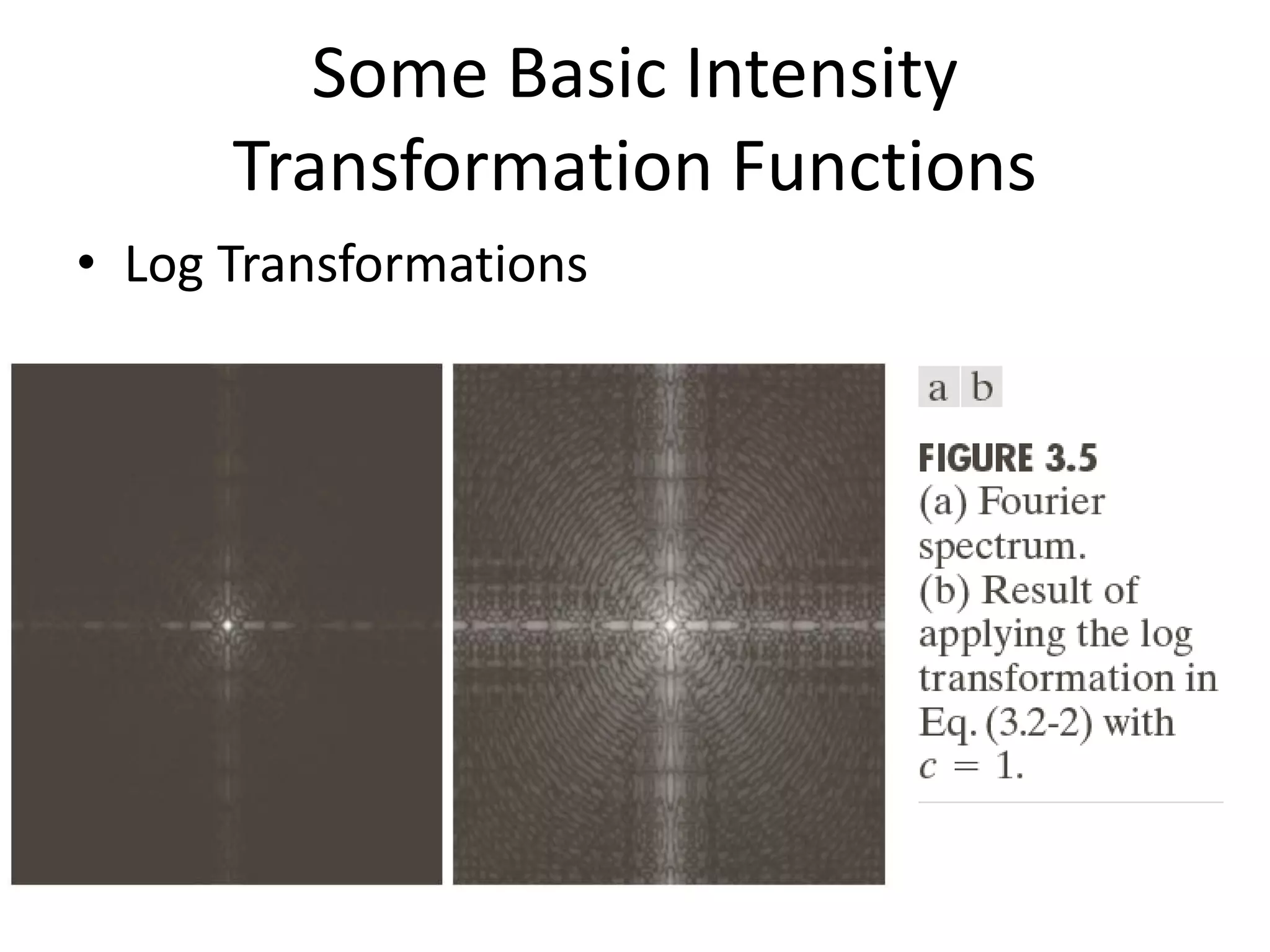 Some Basic Intensity
Transformation Functions
• Log Transformations
 