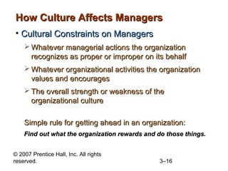 © 2007 Prentice Hall, Inc. All rights
reserved. 3–16
How Culture Affects ManagersHow Culture Affects Managers
• Cultural Constraints on ManagersCultural Constraints on Managers
 Whatever managerial actions the organizationWhatever managerial actions the organization
recognizes as proper or improper on its behalfrecognizes as proper or improper on its behalf
 Whatever organizational activities the organizationWhatever organizational activities the organization
values and encouragesvalues and encourages
 The overall strength or weakness of theThe overall strength or weakness of the
organizational cultureorganizational culture
Simple rule for getting ahead in an organization:Simple rule for getting ahead in an organization:
Find out what the organization rewards and do those things.Find out what the organization rewards and do those things.
 