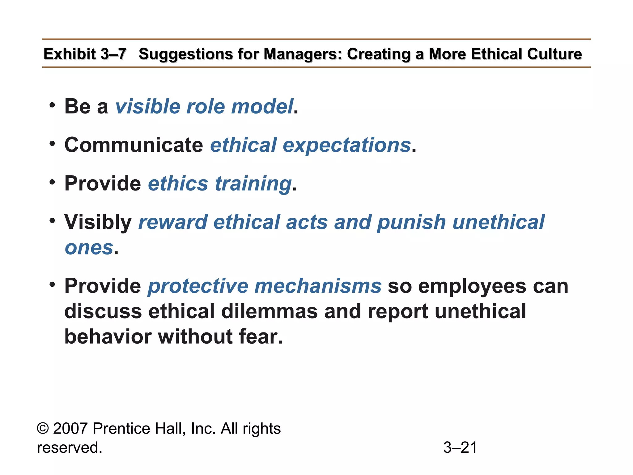 © 2007 Prentice Hall, Inc. All rights
reserved. 3–21
Exhibit 3–7Exhibit 3–7 Suggestions for Managers: Creating a More Ethical CultureSuggestions for Managers: Creating a More Ethical Culture
• Be a visible role model.
• Communicate ethical expectations.
• Provide ethics training.
• Visibly reward ethical acts and punish unethical
ones.
• Provide protective mechanisms so employees can
discuss ethical dilemmas and report unethical
behavior without fear.
 