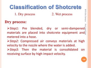 1. Dry process 2. Wet process
Dry process:
Step1: Pre blended, dry or semi-dampened
materials are placed into shotcrete equipment and
metered into a hose.
Step2: Compressed air conveys materials at high
velocity to the nozzle where the water is added.
Step3: Then the material is consolidated on
receiving surface by high impact velocity.
BITSEduCampusProf.AnkitPatel
120
 