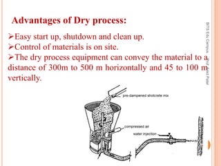 Advantages of Dry process:
Easy start up, shutdown and clean up.
Control of materials is on site.
The dry process equipment can convey the material to a
distance of 300m to 500 m horizontally and 45 to 100 m
vertically.
BITSEduCampusProf.AnkitPatel
121
 