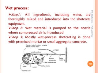 Wet process:
Step1: All ingredients, including water, are
thoroughly mixed and introduced into the shotcrete
equipment.
Step 2: Wet material is pumped to the nozzle
where compressed air is introduced
Step 3: Mostly wet-process shotcreting is done
with premixed mortar or small aggregate concrete.
BITSEduCampusProf.AnkitPatel
123
 
