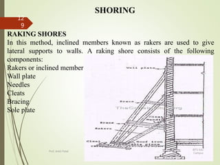 SHORING
RAKING SHORES
In this method, inclined members known as rakers are used to give
lateral supports to walls. A raking shore consists of the following
components:
Rakers or inclined member
Wall plate
Needles
Cleats
Bracing
Sole plate
BITS Edu
Campus
Prof. Ankit Patel
12
9
 