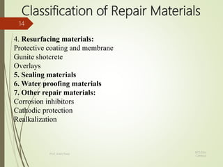Classification of Repair Materials
4. Resurfacing materials:
Protective coating and membrane
Gunite shotcrete
Overlays
5. Sealing materials
6. Water proofing materials
7. Other repair materials:
Corrosion inhibitors
Cathodic protection
Realkalization
BITS Edu
Campus
Prof. Ankit Patel
14
 