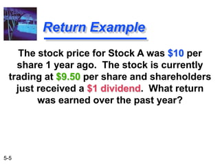 5-5
Return Example
The stock price for Stock A was $10 per
share 1 year ago. The stock is currently
trading at $9.50 per share and shareholders
just received a $1 dividend. What return
was earned over the past year?
 