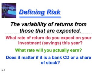 5-7
Defining Risk
What rate of return do you expect on your
investment (savings) this year?
What rate will you actually earn?
Does it matter if it is a bank CD or a share
of stock?
The variability of returns from
those that are expected.
 