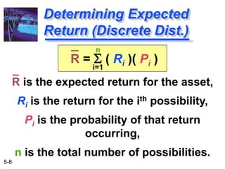 5-8
Determining Expected
Return (Discrete Dist.)
R = S ( Ri )( Pi )
R is the expected return for the asset,
Ri is the return for the ith possibility,
Pi is the probability of that return
occurring,
n is the total number of possibilities.
n
i=1
 