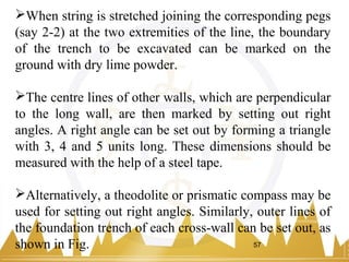 When string is stretched joining the corresponding pegs
(say 2-2) at the two extremities of the line, the boundary
of the trench to be excavated can be marked on the
ground with dry lime powder.
The centre lines of other walls, which are perpendicular
to the long wall, are then marked by setting out right
angles. A right angle can be set out by forming a triangle
with 3, 4 and 5 units long. These dimensions should be
measured with the help of a steel tape.
Alternatively, a theodolite or prismatic compass may be
used for setting out right angles. Similarly, outer lines of
the foundation trench of each cross-wall can be set out, as
shown in Fig. 57
 