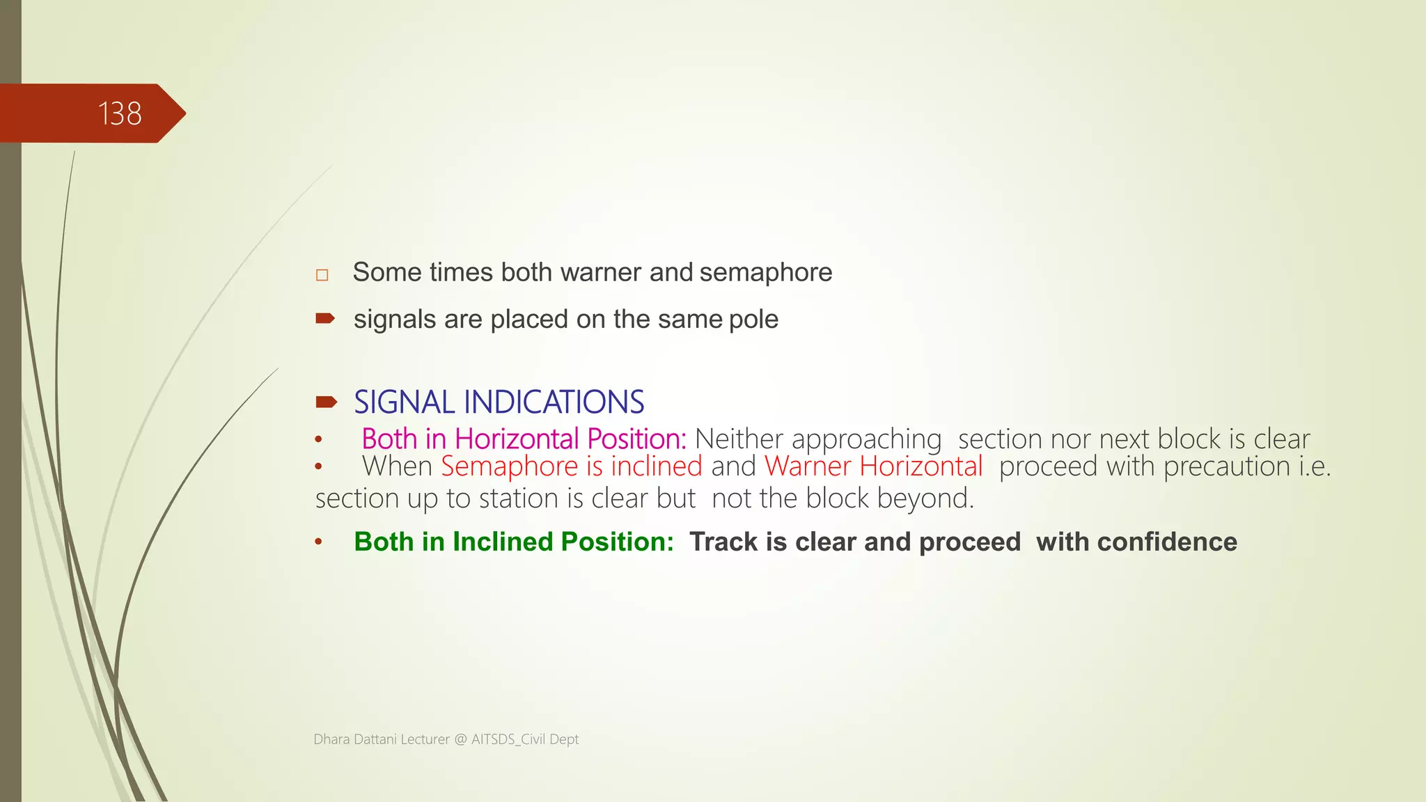  Some times both warner and semaphore
 signals are placed on the same pole
 SIGNAL INDICATIONS
• Both in Horizontal Position: Neither approaching section nor next block is clear
• When Semaphore is inclined and Warner Horizontal proceed with precaution i.e.
section up to station is clear but not the block beyond.
• Both in Inclined Position: Track is clear and proceed with confidence
Dhara Dattani Lecturer @ AITSDS_Civil Dept
138
 