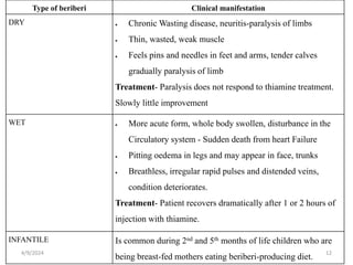 Type of beriberi Clinical manifestation
DRY  Chronic Wasting disease, neuritis-paralysis of limbs
 Thin, wasted, weak muscle
 Feels pins and needles in feet and arms, tender calves
gradually paralysis of limb
Treatment- Paralysis does not respond to thiamine treatment.
Slowly little improvement
WET  More acute form, whole body swollen, disturbance in the
Circulatory system - Sudden death from heart Failure
 Pitting oedema in legs and may appear in face, trunks
 Breathless, irregular rapid pulses and distended veins,
condition deteriorates.
Treatment- Patient recovers dramatically after 1 or 2 hours of
injection with thiamine.
INFANTILE Is common during 2nd and 5th months of life children who are
being breast-fed mothers eating beriberi-producing diet.
12
4/9/2024
 