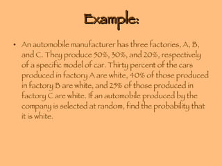 Example: An automobile manufacturer has three factories, A, B, and C. They produce 50%, 30%, and 20%, respectively of a specific model of car. Thirty percent of the cars produced in factory A are white, 40% of those produced in factory B are white, and 25% of those produced in factory C are white. If an automobile produced by the company is selected at random, find the probability that it is white. 