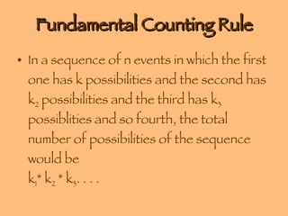 Fundamental Counting Rule In a sequence of n events in which the first one has k possibilities and the second has k 2  possibilities and the third has k 3  possiblities and so fourth, the total number of possibilities of the sequence would be  k 1 * k 2  * k 3 . . . .  
