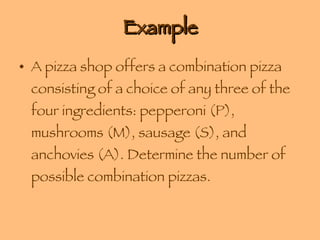 Example A pizza shop offers a combination pizza consisting of a choice of any three of the four ingredients: pepperoni (P), mushrooms (M), sausage (S), and anchovies (A). Determine the number of possible combination pizzas. 