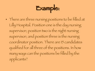 Example: There are three nursing positions to be filled at Lilly Hospital. Position one is the day nursing supervisor; position two is the night nursing supervisor; and position three is the nursing coordinator position. There are 15 candidates qualified for all three of the positions. In how many ways can the positions be filled by the applicants? 