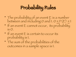 Probability Rules The probability of an event E is a number between and including 0 and 1. 0  <  P(E)  <  1 If an event E cannot occur,  its probability is 0. If an event E is certain to occur its probability is 1. The sum of the probabilities of the outcomes in a sample space is 1.   